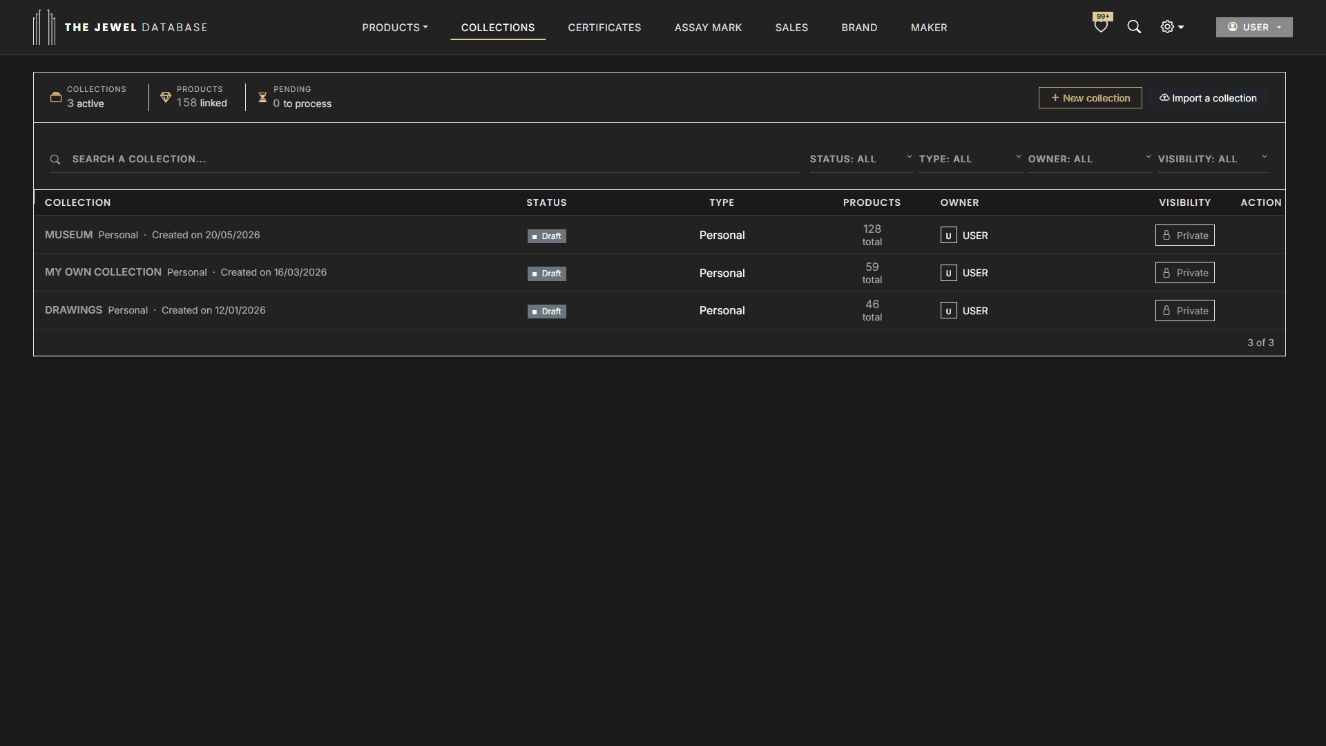 Private collections dashboard in dark mode