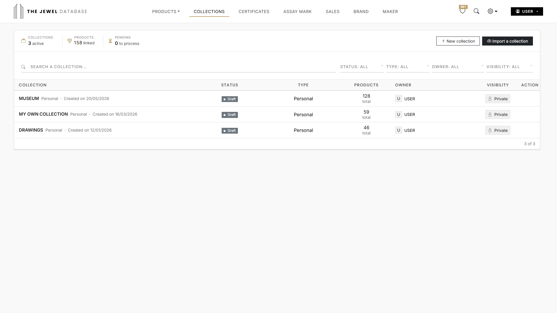 Private collections dashboard in light mode