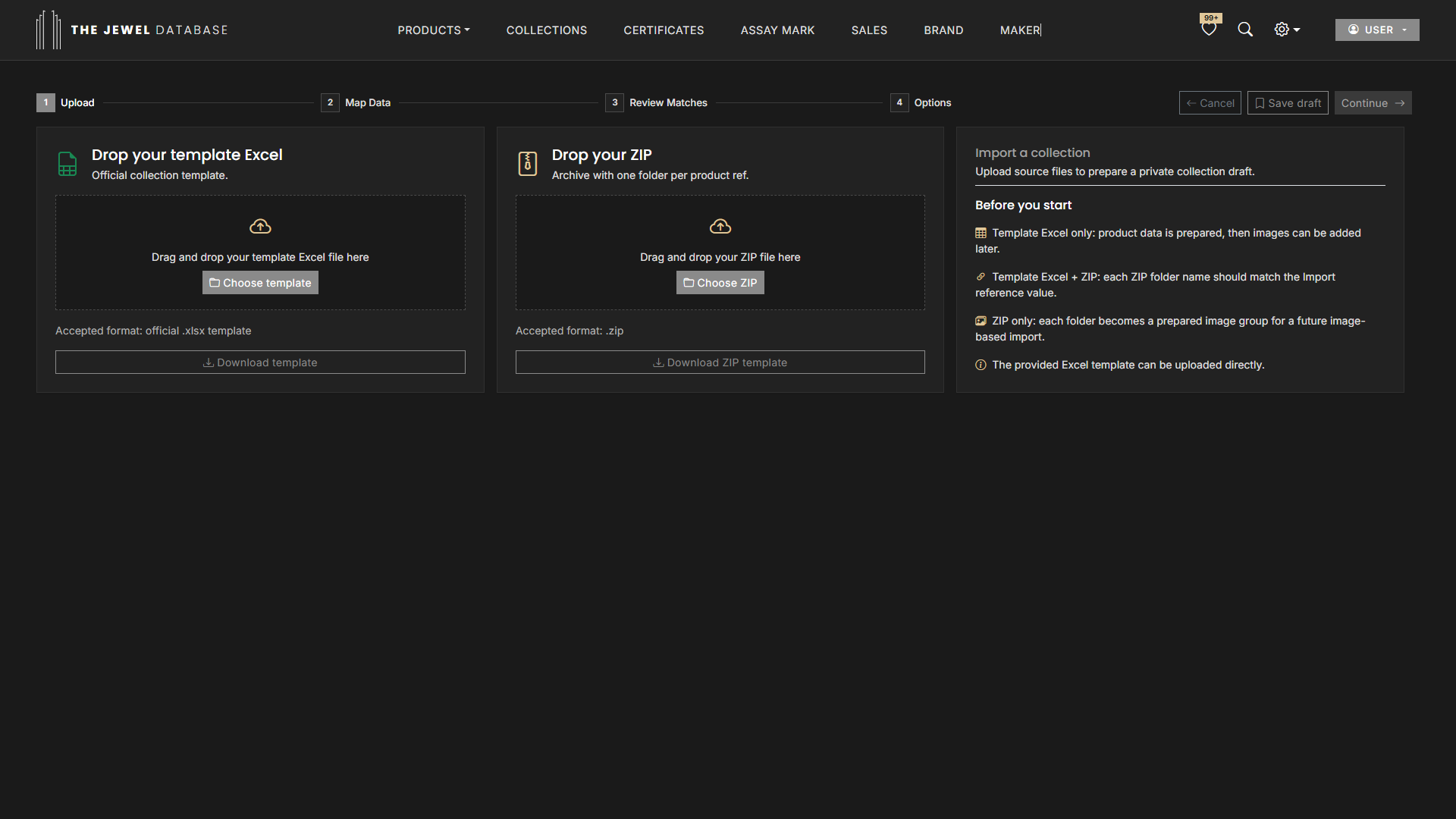 Private collection import screen in dark mode