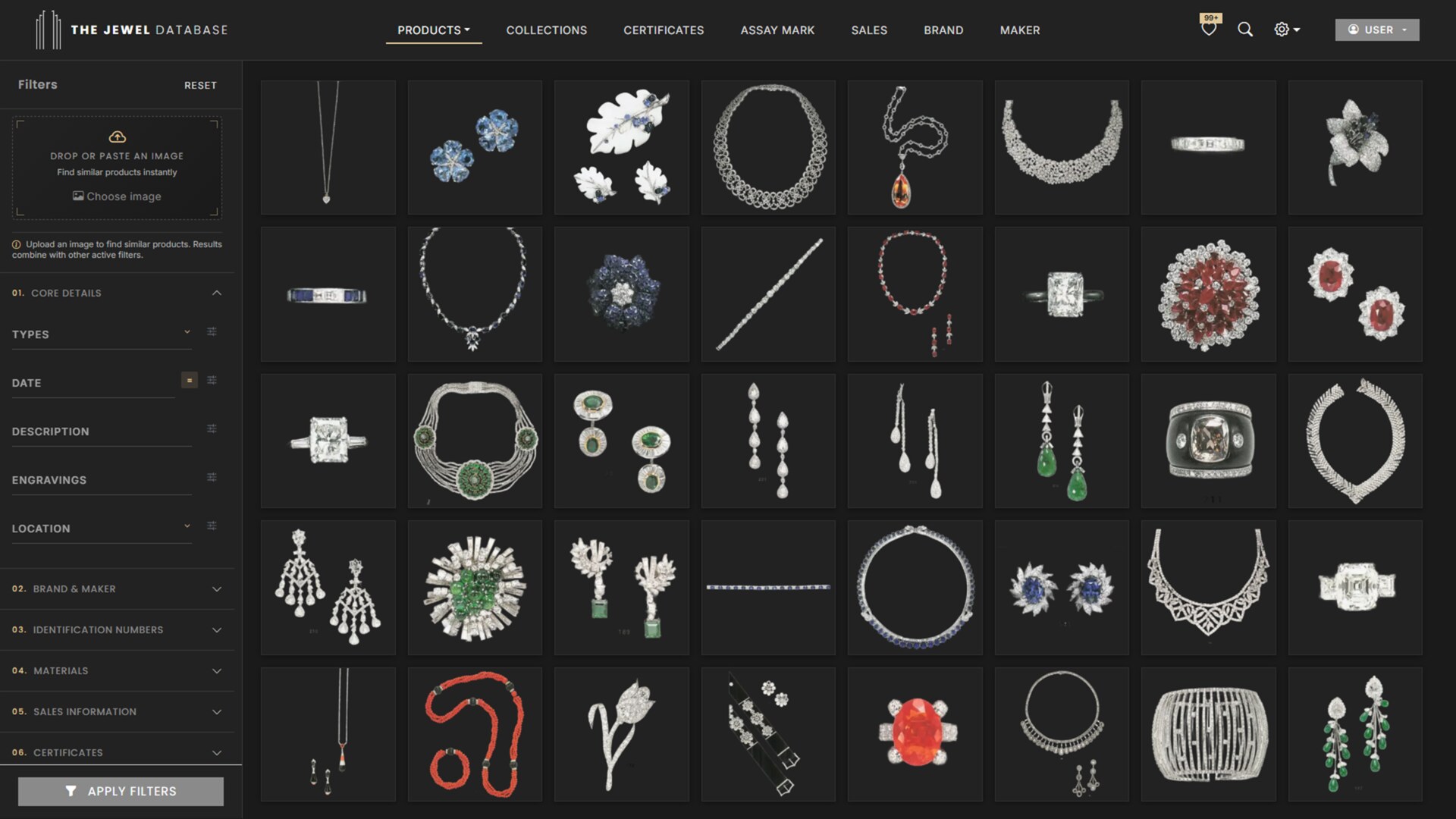 JEWEL DATABASE product research grid in dark mode