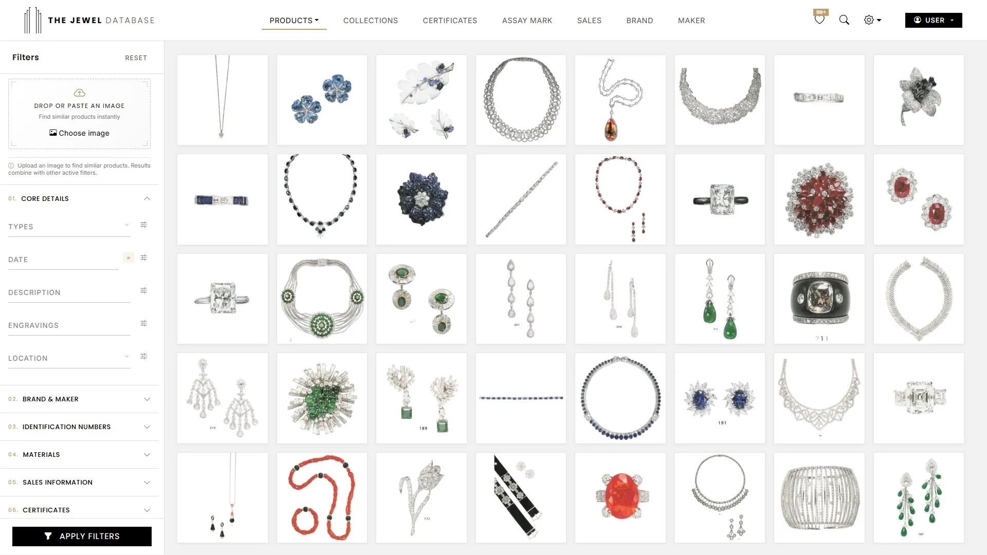 JEWEL DATABASE product research grid in light mode